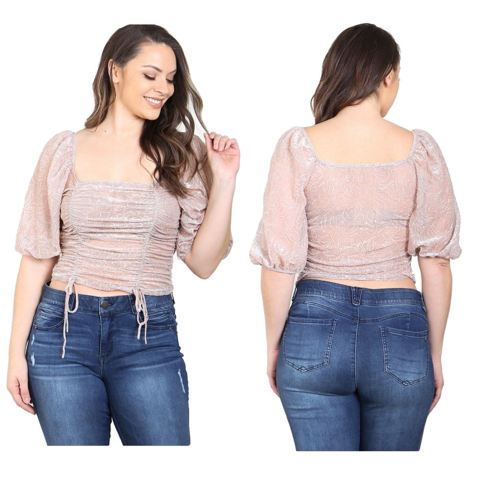 Plus Size Feminine Chic Sexy Rose Gold Mesh Top - Picture 2 of 6